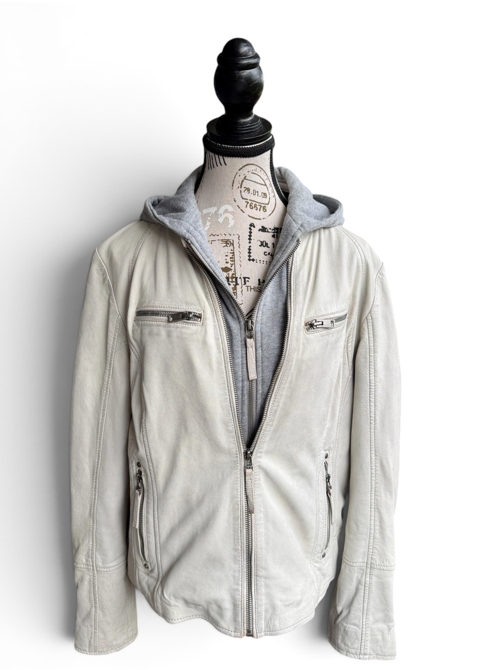 Mauritius Nola Off-White Lambskin Leather Moto Jacket • Removable Hood • Size 12